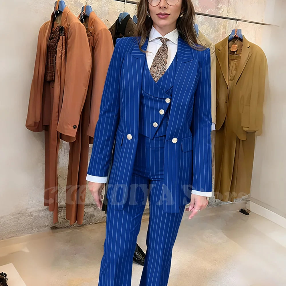 Navy Blue Striped Suit For Women Stylish Single Button Peak Lapel Elegant Outfit Business Meeting Office Formal Set Three Pieces