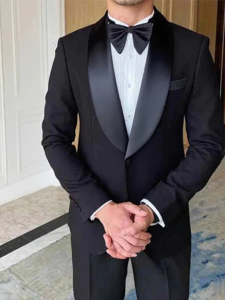 2PCS black Men's Formal Tuxedo Set Shawl Lapel Blazer And Pants Fashion Business Suit for Party Prom Wedding Groom Office Outfit