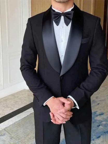 2PCS black Men's Formal Tuxedo Set Shawl Lapel Blazer And Pants Fashion Business Suit for Party Prom Wedding Groom Office Outfit