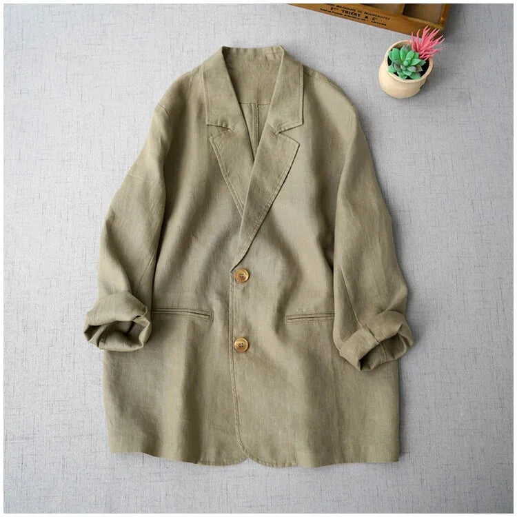 Elegant Long Sleeve Women's Linen Suit Jacket Thin Outerwear New Spring Fashion Ladies' Classic Versatile Pure Cotton Blend