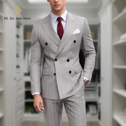 Men's 2-Piece Slim Fit Double-Breasted Striped Suit Set for Men – Wedding, Business & Formal Occasions