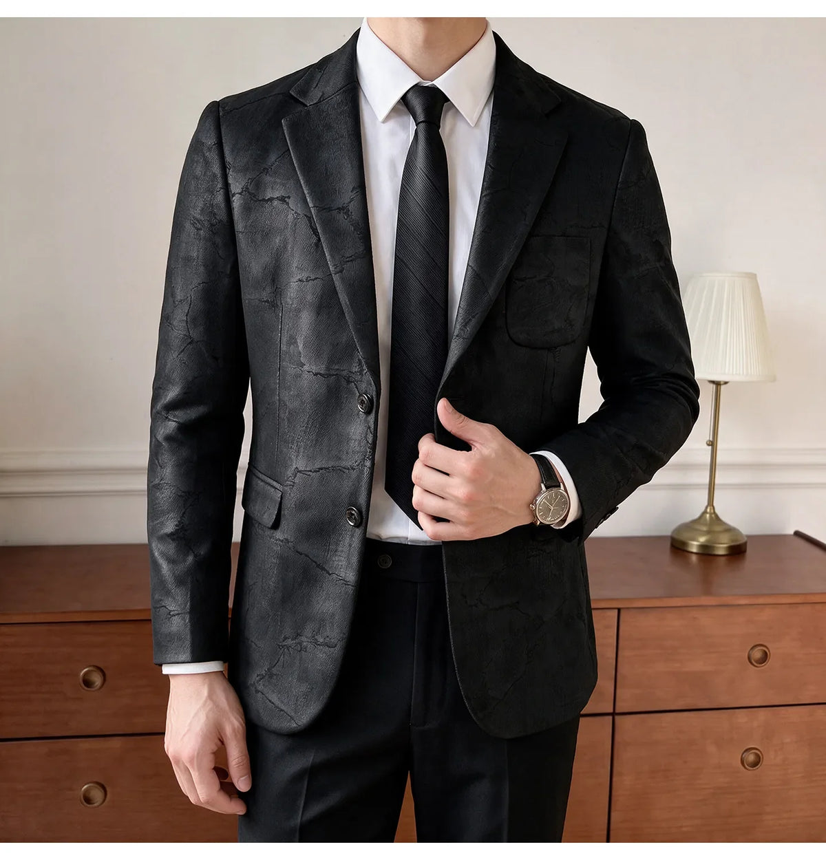 Men's Embossed Suede Blazer Smart Casual Single Breasted Jacket for Everyday Wear