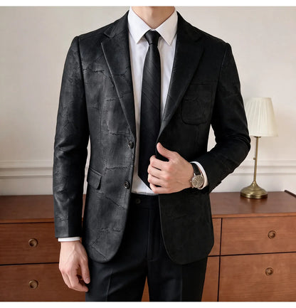 Men's Embossed Suede Blazer Smart Casual Single Breasted Jacket for Everyday Wear