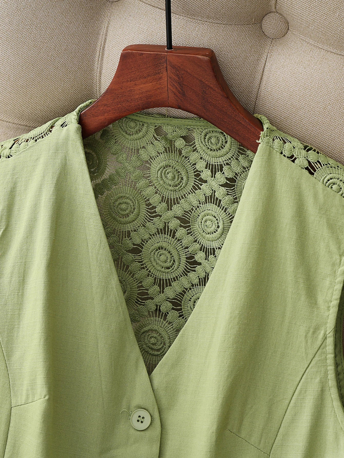 Women’s Summer Button Vest with Crochet Lace Back — Breathable, Linen-Style Texture, Deep V-Neck, Casual to Office Layer
