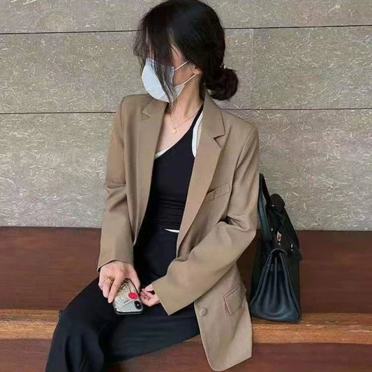 Korean Women's Blazer 2025 Spring Autumn New Loose Slimming Mid Length Solid Basic All Match Work Casual Office Fashion Top