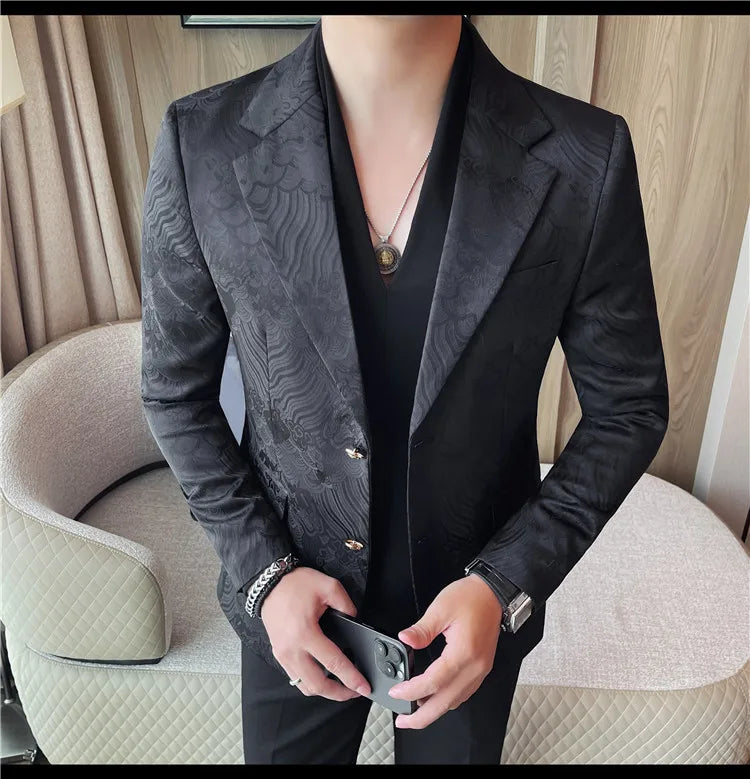 Luxury Jacquard Casual Suit Jacket for Men Autumn Korean Fashion Business Social Blazers Handsome Office Wedding Dress Jacket