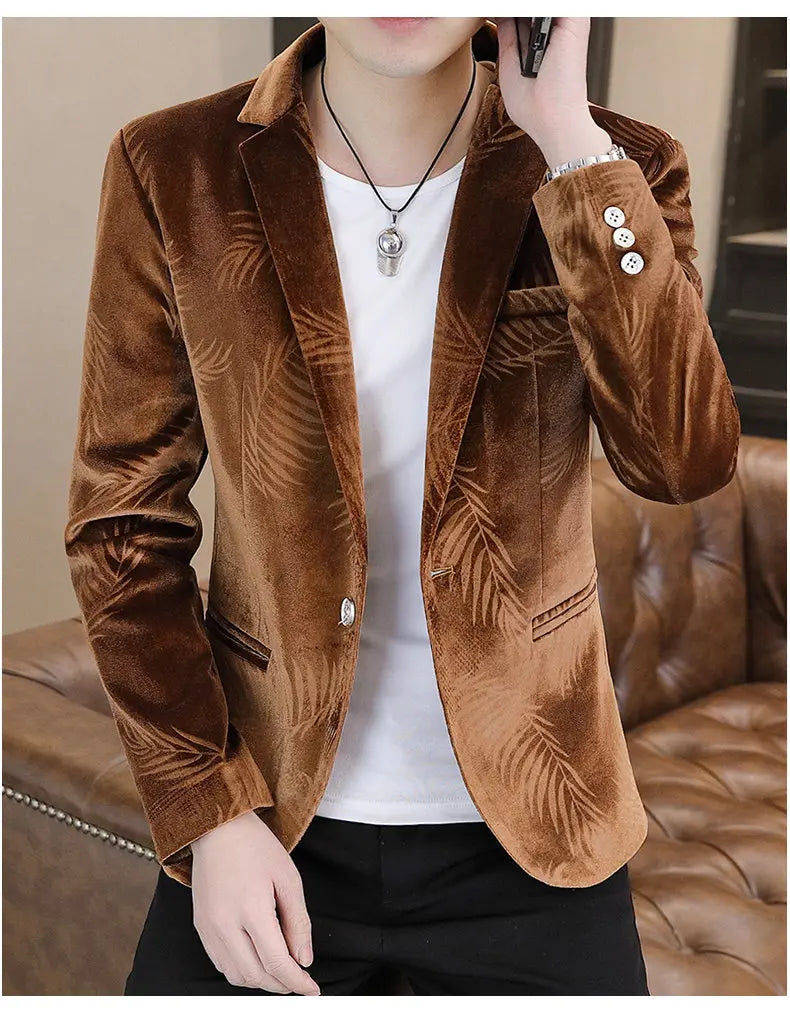 Men's Slim Fit Velvet Blazer – Bamboo Leaf Print Smart Casual Suit Jacket