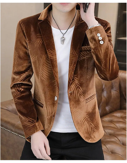 Men's Slim Fit Velvet Blazer – Bamboo Leaf Print Smart Casual Suit Jacket