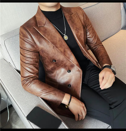 Brand Retro Leather Suit Jacket Men British Style Double Breasted Casual Business Blazers Wedding Groom Party Banquet Jackets