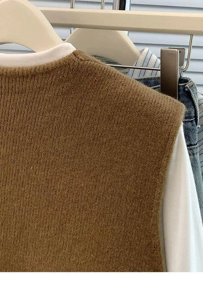 Women's Soft Knitted Vest  Women Casual Button Deep V-Neck Sleeveless Autumn  Pullover Simple Tank Tops Loose Knitwear  Tops
