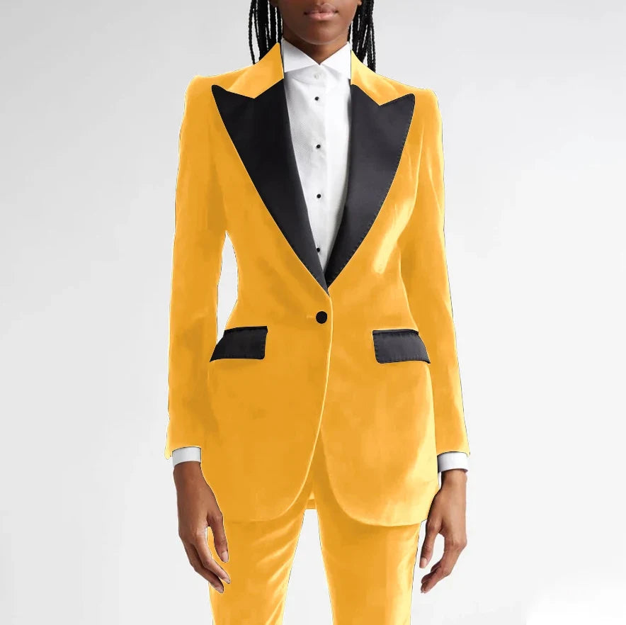 Black Flannel Women Suit Customized Single-grain Buckle Peaked Lapel Two Pieces(Jacket+Pants) Modern Business Office Lady Set