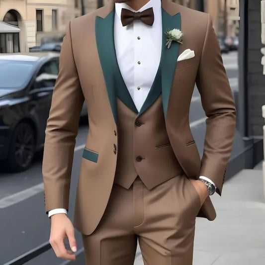 Customized Brown Men Suits Single Breasted Peak Lapel Slim Fit 3 Piece Jacket Pants Vest Full Sets High Quality Clothing Terno