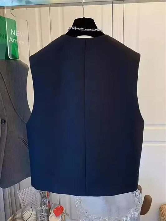 Chic Suit Vest Coat For Women Round Neck Irregular Solid Sleeveless Jacket New Summer Office Lady Fashion Waistcoats Outwears