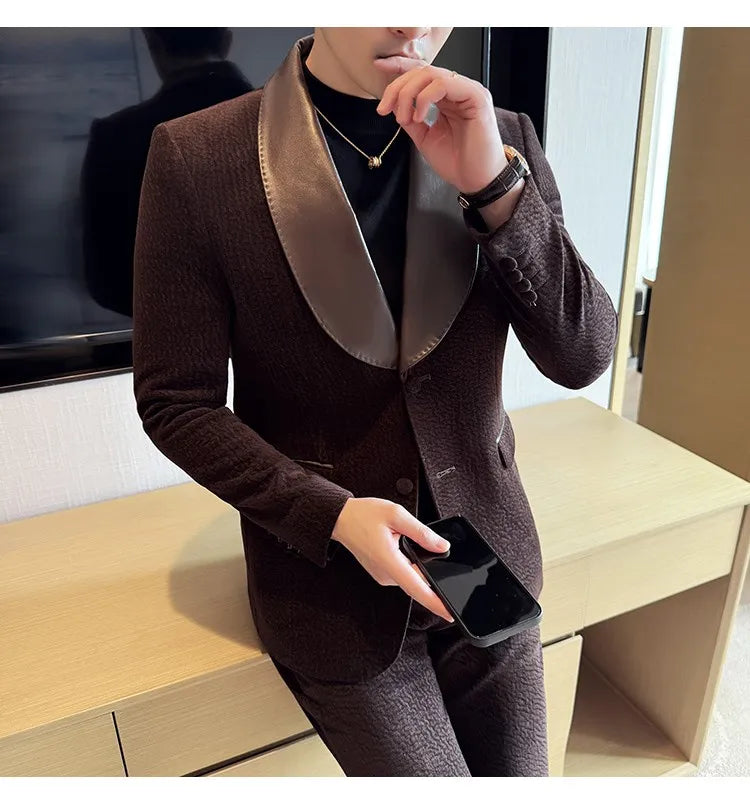British Style PU Patchwork Suit for Men Casual Business Wedding Suits 2 Pieces Set (jacket+pant) Office Work Party Prom Suit