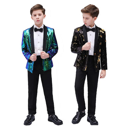 Boys Gradient Sequins Formal Wedding Birthday Party Suits Kids Jacket pants Bowtie 3pcs Price Piano Performance Costume