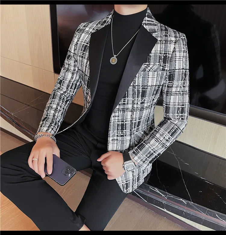 British Style Woven Suit Jacket Men Fashion Plaid Casual Business Blazer Gentleman Versatile Banquet Party Groom Wedding Coats