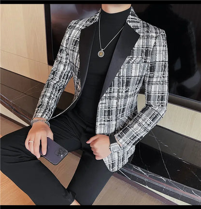 British Style Woven Suit Jacket Men Fashion Plaid Casual Business Blazer Gentleman Versatile Banquet Party Groom Wedding Coats