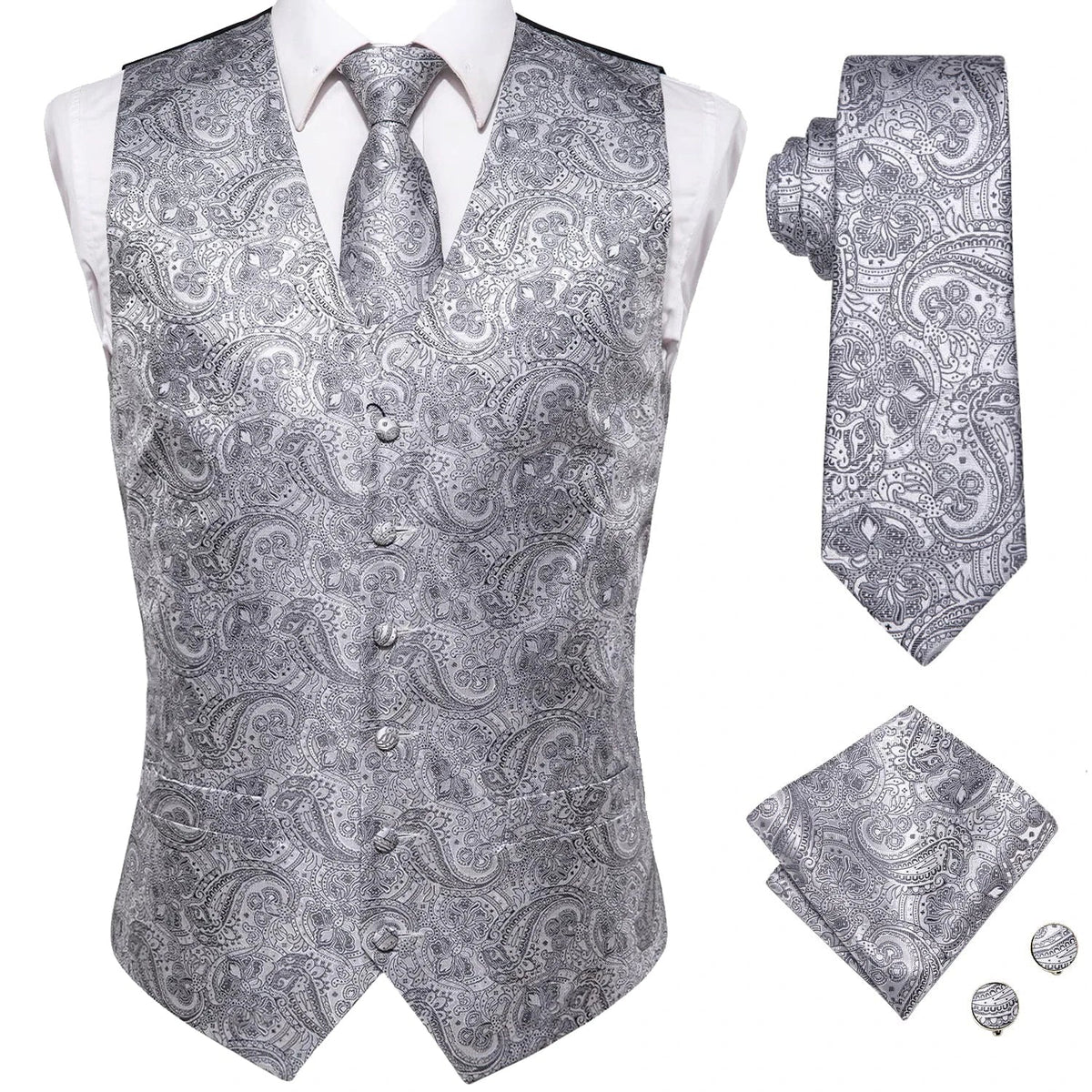 Men's Waistcoat Suit Set with Jacquard Floral Vest, Tie, Hanky & Cufflinks for Wedding and Business