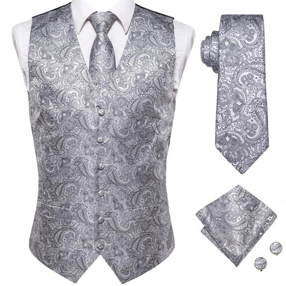 Men's Waistcoat Suit Set with Jacquard Floral Vest, Tie, Hanky & Cufflinks for Wedding and Business