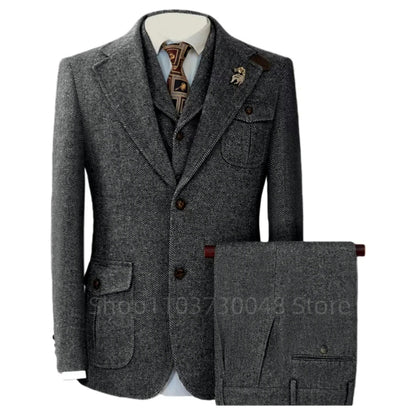 Men's Gray Wool Tweed Slim Fit 3 Piece Suit Winter Formal Herringbone Business Tuxedo Groom Male Jacket Vest Pants Set