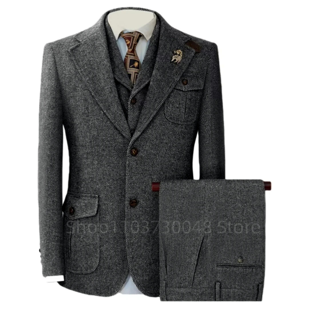 Men's Gray Wool Tweed Slim Fit 3 Piece Suit Winter Formal Herringbone Business Tuxedo Groom Male Jacket Vest Pants Set