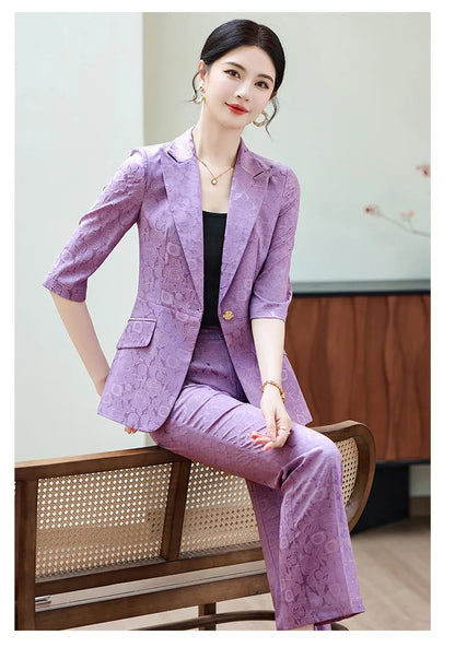 Fashion Purple Half Sleeve Professional Suit Women New Summer Elegant Formal Slim Blazer And Pants Office Ladies Work Wear