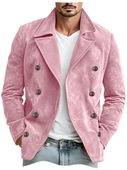 Men Faux Suede Jacket Double Breasted Lapel Collar Casual Blazer Vintage Comfort Business Office Autumn Winter Fashion Male Coat