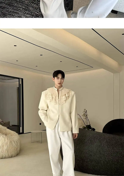2026 New Personalized Lace Patchwork Stand Collar Diamond-Embellished Blazer Coat Men Fashion Luxury Casual Jacket JY6215