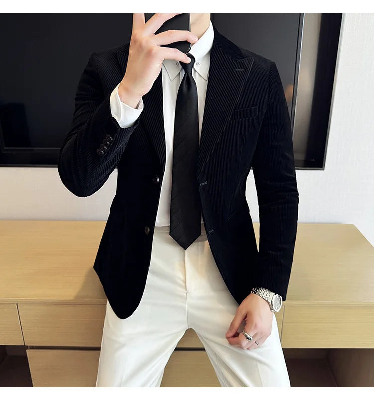 Autumn Winter New Corduroy Striped Suit Jacket Men High Quality Slim Fit Business Social Formal Suit Coats Tailcoat Men Clothing