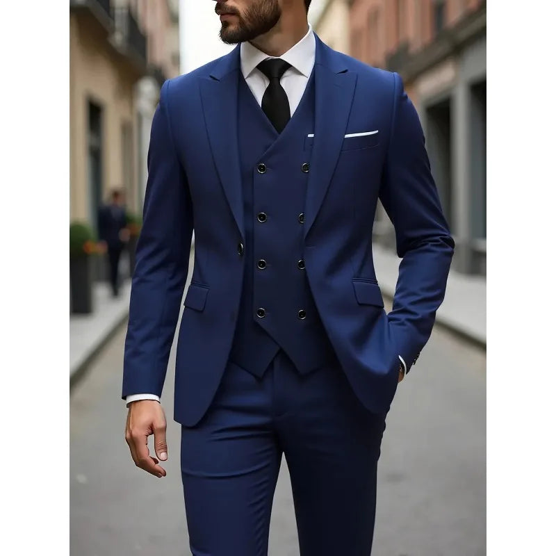 Solid Business Mens Suits Wedding Tuxedos Fashion Groom Outfit Slim Fit Peaked Lapel Prom Party Mens Suits(Jacket+Vest+Pants)