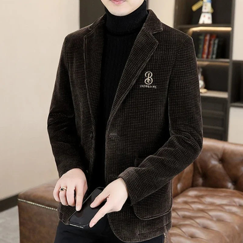 2025 Autumn Winter Woolen Suit Jacket for Men Chenille Thick Velvet Warm Casual Suit Jackets Slim Fit Wedding Business Blazers