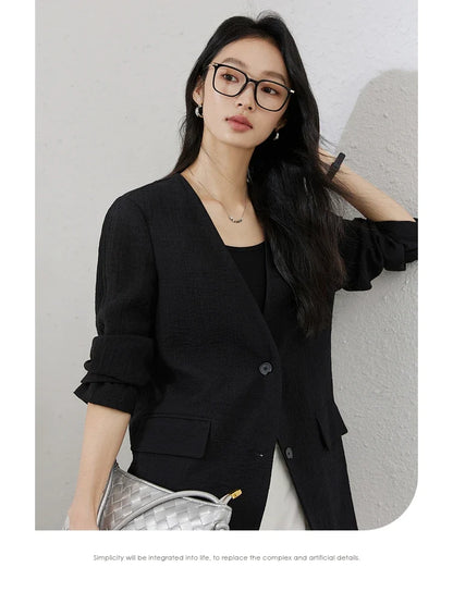 Women's Black Blazer New Autumn 2026 V-neck Loose-fit Casual Office Lady Tailored Coat Fall Fashion Elegant Jackets A0511