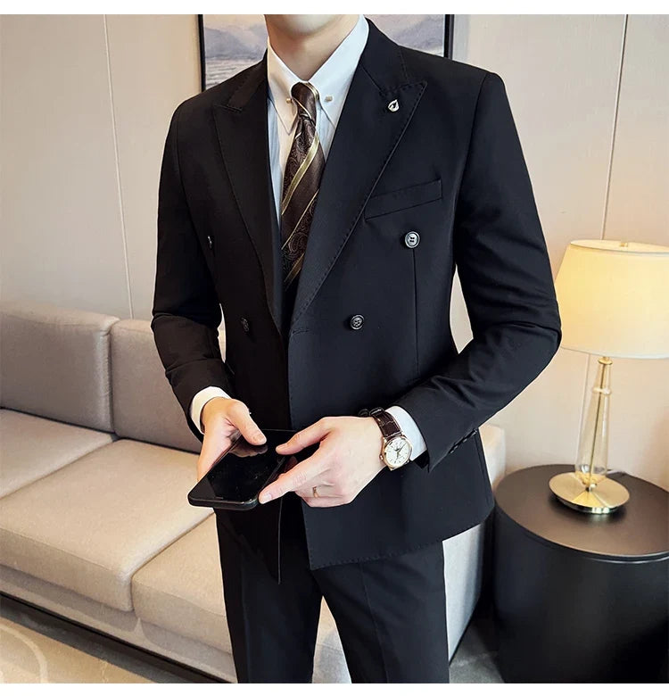 Men's Double Breasted Slim Fit Suit Set – Wedding & Smart Casual – Navy Blue, Brown, Black