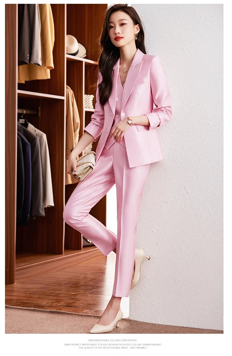 Fashion Elegant Pink High-End Small Business Suit Coat2022Autumn and Winter Elegant Vest Suit Three-Piece Korean Women's Clothin