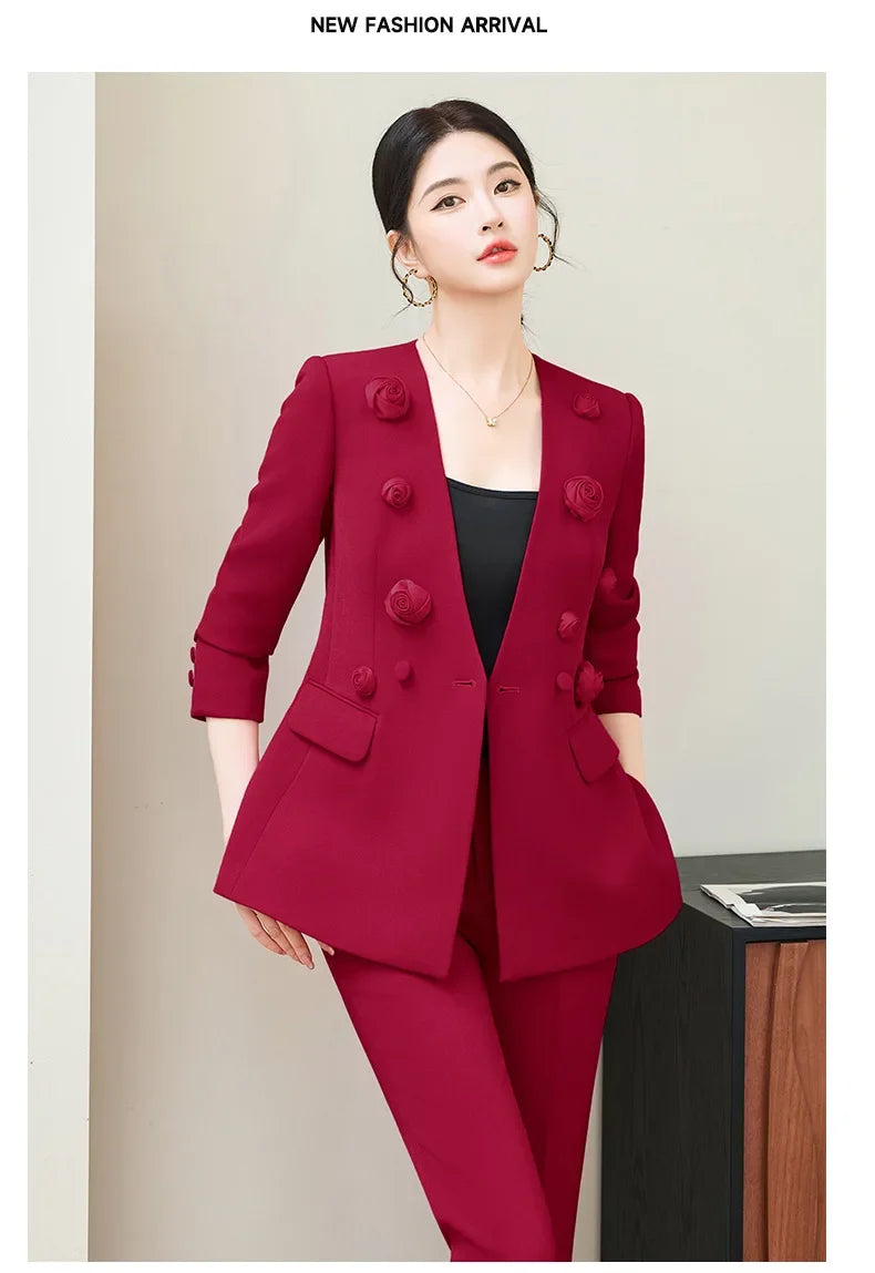 Spring Fashion Office Ladies Blazer and Pants Suit Formal Solid Color Women Jacket Trouser Women Business Work Wear 2 Piece Set