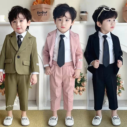 Children's Spring Autumn Piano Host Performance Costume Flower Girl Wedding Dress Kids Jacket Pants Necklace 3Pieces Suit Set