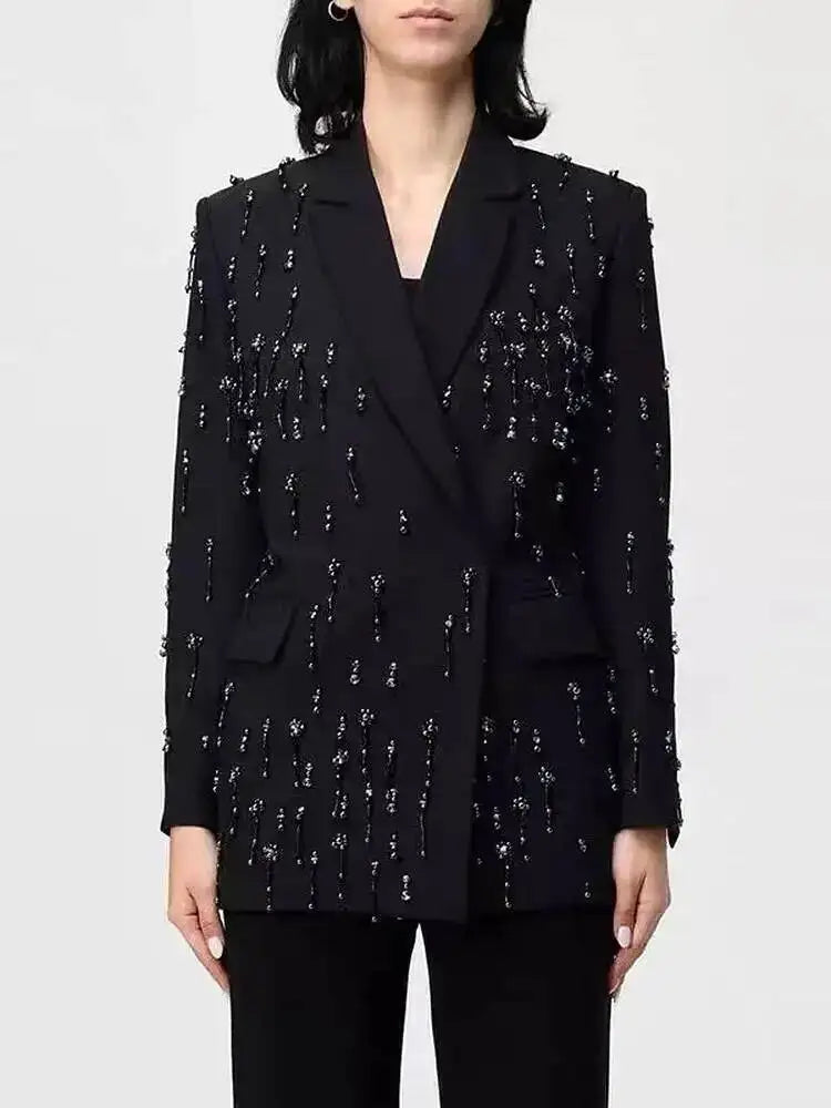 Solid Blazer Women Beaded Rhinestone Embellished Lapel Long Sleeve Dangling Charms Formal Evening Party Suit Jacket 2026