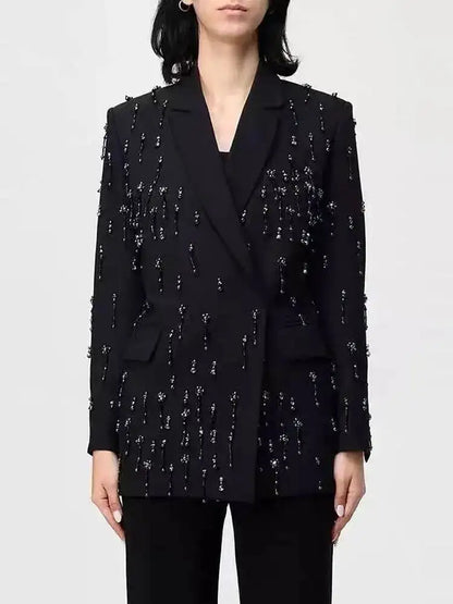 Solid Blazer Women Beaded Rhinestone Embellished Lapel Long Sleeve Dangling Charms Formal Evening Party Suit Jacket 2026