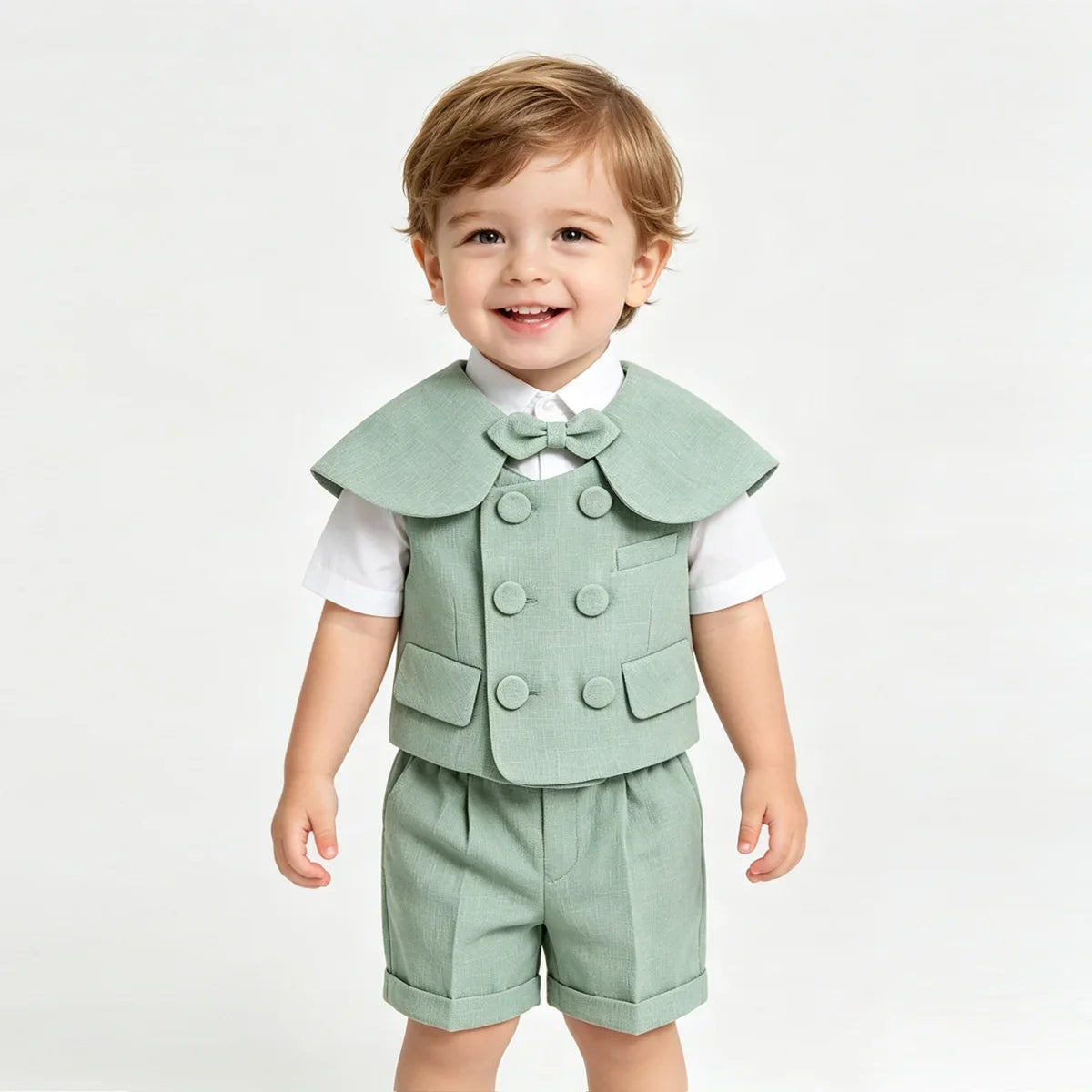 6Pcs Toddler Baby Boy Suit Light Green Waistcoat Shorts Bow Shawl Hat Kids Gentleman Outfit For Birthday Wedding Photo Shoot