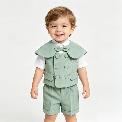 6Pcs Toddler Baby Boy Suit Light Green Waistcoat Shorts Bow Shawl Hat Kids Gentleman Outfit For Birthday Wedding Photo Shoot