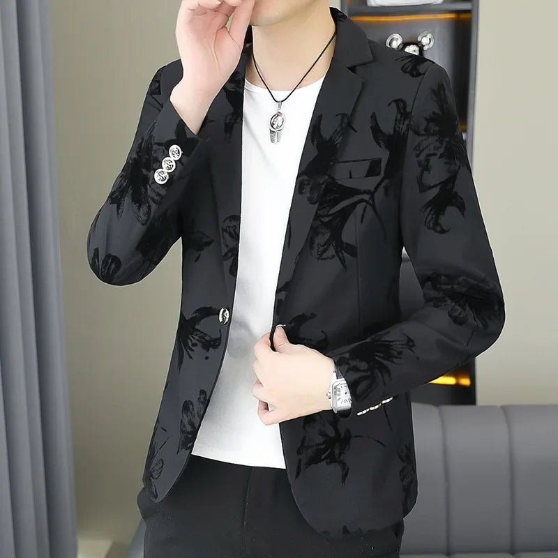 Blazer Men's Fashion Gentleman Business Outdoor Travel Print Wedding Slim-fit Korean Trend Handsome Youth Casual Blazer