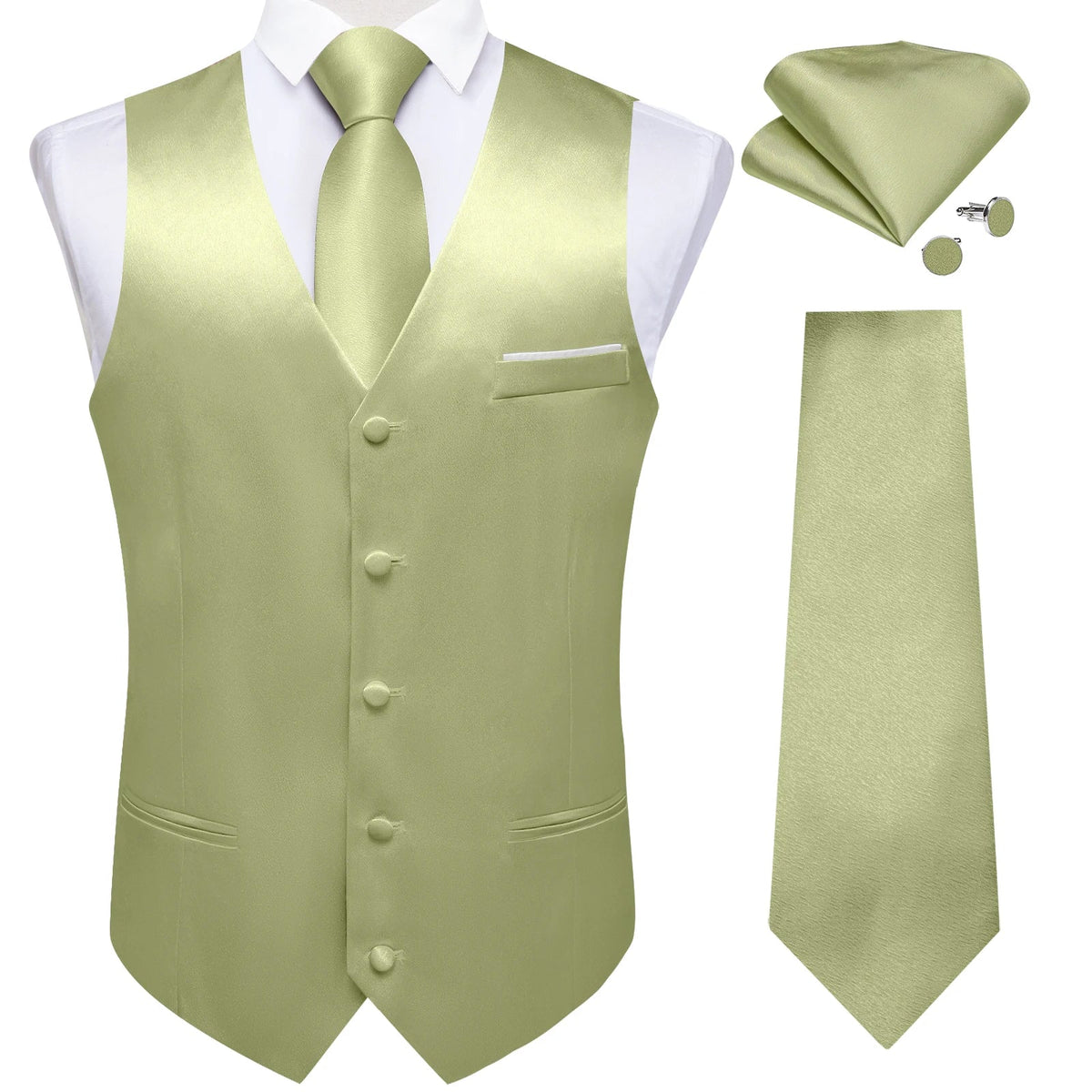 Men's Satin Suit Vest Set with Tie Handkerchief and Cufflinks for Wedding and Prom