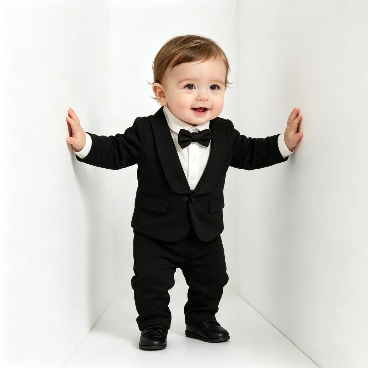 Toddler Baby Boy Black Tuxedo Romper Suit Fake Blazer Long Sleeve Jumpsuit With Bow Tie Wedding Baptism Gentleman Formal Outfit