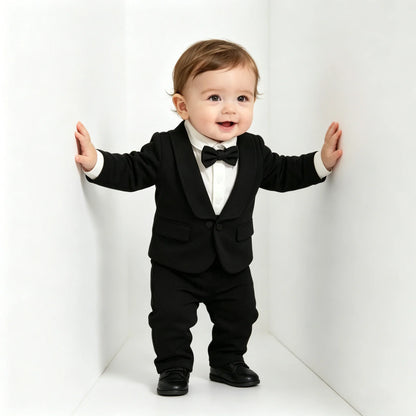 Toddler Baby Boy Black Tuxedo Romper Suit Fake Blazer Long Sleeve Jumpsuit With Bow Tie Wedding Baptism Gentleman Formal Outfit