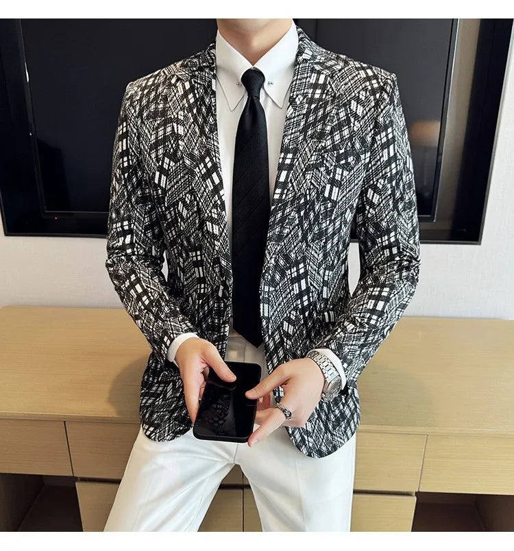 Korean Slim Fit Casual Suit Jacket for Men Fashion Camouflage Business Social Blazers Wedding Streetwear Dress Coat Men Clothing