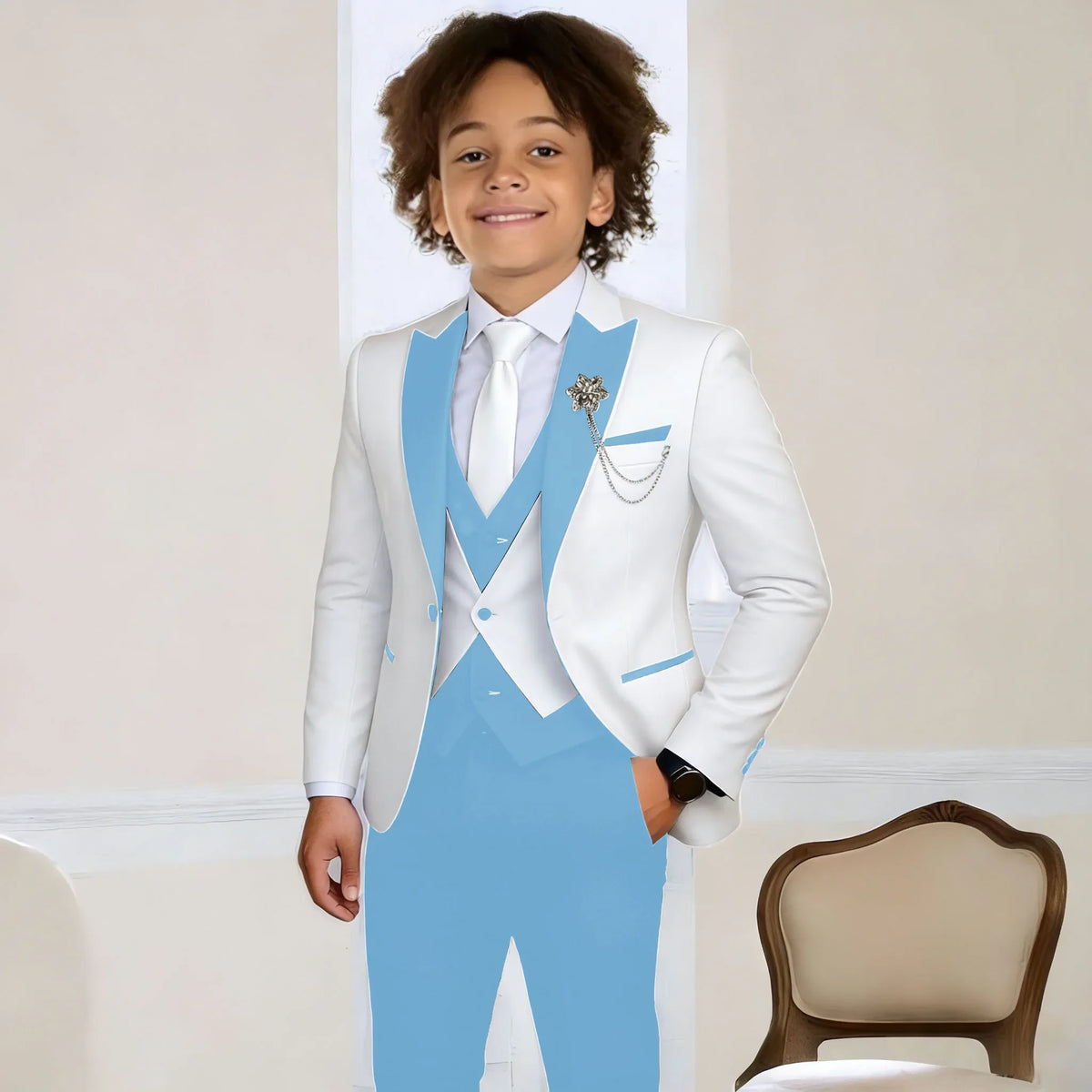 White Suit for Boys Fashion Formal Flower Boys Wedding Tuxedos 3-Piece Set (Jacket Pants Vest) Party Slim Fit Suit Kids Clothes