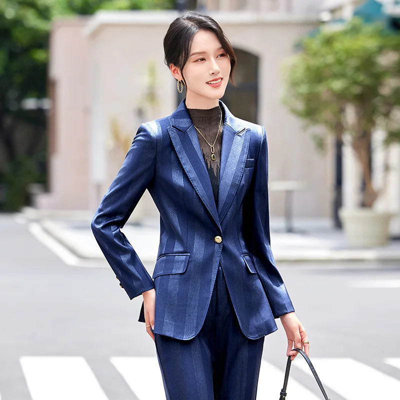 Women Blazer Pants Sets Yellow Two Pieces 2024 Autumn Workwear Trousers Formal Striped Navy Blue Long Sleeve Tops Pantsuit