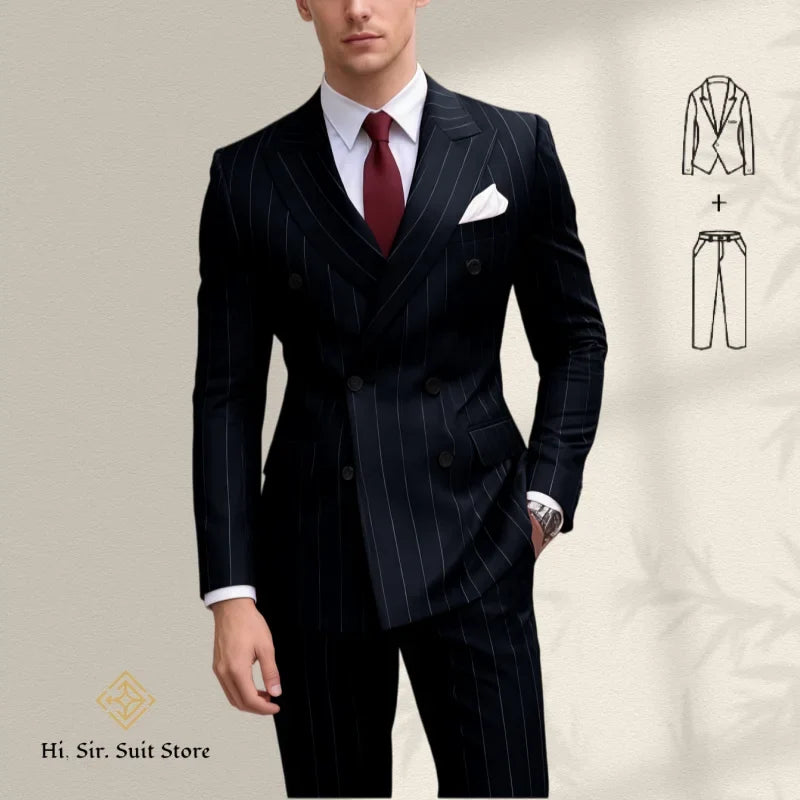 Men's 2-Piece Slim Fit Double-Breasted Striped Suit Set for Men – Wedding, Business & Formal Occasions