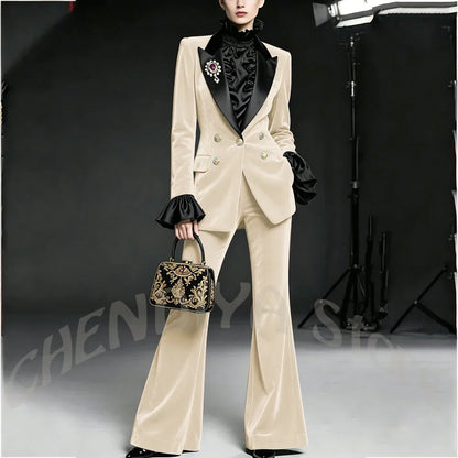 Wine Red Women Suit Stylish Velvet Elegant Outfit Peaked Lapel Blazer Pants Evening Party Prom Female Clothing Two Pieces