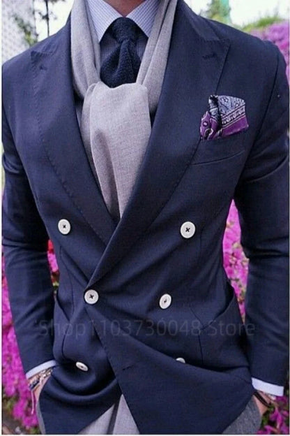 Navy Blue Men's Suit Blazer Prom Party Groom Tuxedos Peak Lapel Double Breasted Formal Bussiness Jacket for WeddingOnly Coat